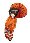  black_hair brown_eyes crab hair_ornament japanese_clothes kimono kyeonjoo long_sleeves one_eye_closed orange_(color) orange_umbrella oriental_umbrella original parasol sandals simple_background sleeves_past_wrists smile solo umbrella white_background wide_sleeves 