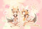  1girl animal_ears aqua_eyes blonde_hair brother_and_sister hair_ornament hair_ribbon hairclip kagamine_len kagamine_rin necktie panties rasshii ribbon short_hair siblings sitting tail twins underwear vocaloid wolf_ears wolf_tail yellow_neckwear 