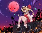  blonde_hair bow flandre_scarlet full_moon hair_bow hair_over_one_eye hat highres laevatein moon nikka_(cryptomeria) red_eyes red_moon short_hair side_ponytail sitting smile solo speaker touhou 