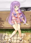  :&lt; alternate_costume bad_id bad_pixiv_id bespectacled casual contemporary day glasses highres ice_(doragon) legs long_hair no_hat no_headwear outdoors patchouli_knowledge purple_eyes purple_hair sandals sitting solo touhou 