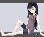  barefoot bike_shorts black_hair brown_eyes digital_media_player earphones feet ipod long_hair nekomegane original shirt simple_background sitting sleeveless sleeveless_shirt solo 