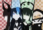  :&lt; absurdres black_gold_saw black_rock_shooter black_rock_shooter_(character) burning_eye checkered checkered_background dead_master glowing glowing_eye highres junes multiple_girls skull star strength_(black_rock_shooter) 