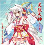  amaterasu animal_ears japanese_clothes kimono long_hair loverial+phantom lowres mochiya_marosuke ookami_(game) personification phantom ribbon solo sword thighhighs weapon white_hair wolf_ears 