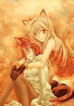  amber_eyes animal_ears blonde_hair blue_shirt brown_eyes cat_ears cat_tail catgirl dress gloves hug hugging long_hair nekomimi pantyhose red_dress red_eyes red_hair redhead shirt short_hair stockings tail thigh_highs thighhighs yellow_eyes 