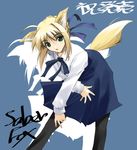  animal_ears artoria_pendragon_(all) blonde_hair blouse fate/stay_night fate_(series) fox_ears fox_tail long_sleeves nagare_hyougo pantyhose saber solo tail 