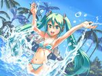  bikini day green_eyes green_hair hatsune_miku headphones long_hair microphone nishiwaki palm_tree pool project_diva project_diva_(series) solo splashing striped striped_bikini swimsuit swimwear_(module) tree twintails vocaloid wading water 