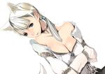  animal_ears bangs bare_shoulders blonde_hair blouse blue_eyes breasts choker cleavage demento dog_ears dog_tail fiona_belli hair_tie hewie houden_eizou jewelry large_breasts long_sleeves ponytail simple_background solo tail white_background 