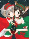  animal_ears bare_shoulders black_hair breast_press breasts christmas christmas_tree copyright_request detached_collar dog_ears gothic green_eyes hairband inuburo lolita_hairband multiple_girls red_eyes short_hair silver_hair small_breasts smile snowflakes symmetrical_docking 