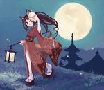  animal_ears copyright_request fox fox_ears fox_mask japanese_clothes lantern mask moon night platform_footwear solo tabi tail ushiki_yoshitaka 
