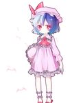  absurdres ankle_cuffs bat blue_hair bow colored_eyelashes curtain_(posuinochuanglian) cushion expressionless eyelashes frilled_pillow frills gathers hat highres holding night nightgown no_nose pillow red_eyes remilia_scarlet short_hair slippers solo touhou 