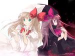  back-to-back bangs beret black_dress blonde_hair blunt_bangs bow bowtie dress dual_persona green_eyes hat kurudaz lily_black lily_white long_sleeves looking_at_viewer multiple_girls red_bow red_hair red_neckwear touhou white_dress witch_hat 
