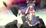  :q blue_hair dress food fruit hat highres hinanawi_tenshi long_hair peach red_eyes sitting solo tongue tongue_out touhou uruu_gekka wallpaper 