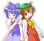  animal_ears blue_bow blue_eyes blue_hair bow brown_hair cat_ears chen cirno des dress green_hat hair_bow hat index_finger_raised long_sleeves multiple_girls nail_polish puffy_short_sleeves puffy_sleeves red_dress red_nails short_hair short_sleeves source_request tail touhou 