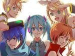  3girls :d aqua_hair blonde_hair brother_and_sister brown_eyes brown_hair company_connection everyone green_eyes hatsune_miku kagamine_len kagamine_rin kaito long_hair looking_at_viewer meiko multiple_boys multiple_girls open_mouth short_hair siblings simple_background smile twins twintails upper_body very_long_hair vocaloid white_background xpizzeriax 