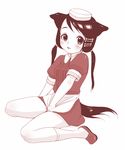  animal_ears between_legs blush bone_hair_ornament copyright_request dog_ears dog_tail full_body hand_between_legs hat inuburo long_hair monochrome puffy_sleeves red short_sleeves simple_background sitting skirt skirt_tug solo tail twintails wariza white_background 