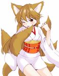  animal_ears copyright_request fox_ears fox_tail inuburo japanese_clothes kyuubi long_sleeves multiple_tails red_eyes solo tail 