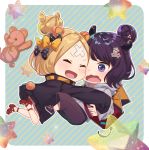 2girls :d ^_^ abigail_williams_(fate/grand_order) bangs black_bow black_jacket blonde_hair blush bow brown_pants closed_eyes commentary_request crossed_bandaids eyes_closed fate/grand_order fate_(series) grey_hoodie hair_bow hair_bun heroic_spirit_traveling_outfit high_heels highres hood hood_down hoodie jacket katsushika_hokusai_(fate/grand_order) kurono_kito long_hair long_sleeves multiple_girls open_mouth orange_bow outstretched_arms pants parted_bangs polka_dot polka_dot_bow purple_eyes red_footwear saint_quartz shoes sleeves_past_fingers sleeves_past_wrists smile stuffed_animal stuffed_toy teddy_bear 