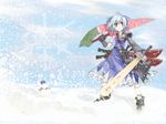  1girl advent_cirno cirno fusion_swords snow snowing snowman solo sword touhou ushiki_yoshitaka weapon 