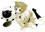  :p animal_ears copyright_request dog_ears dog_tail dress frying_pan holding inuburo kneehighs long_sleeves monochrome no_shoes sheep short_hair simple_background solo tail tongue tongue_out white_background 