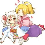  1girl amaterasu animal_ears chibi geta heart japanese_clothes kimono long_hair loverial+phantom lowres mochiya_marosuke ookami_(game) personification phantom ponytail red_eyes smile tattoo tengu-geta thighhighs transparent_background ushiwakamaru white_hair wolf_ears 