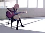  alternate_hairstyle black_legwear blush closed_eyes crossed_legs guitar happy highres instrument just_be_friends_(vocaloid) legs long_hair megurine_luka music pink_hair school_uniform singing sitting sleeves_rolled_up smile socks solo vocaloid wallpaper yunomi_(yunomi_imonuy) 