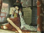  barefoot bow box donation_box feet fox_mask hair_bow hakurei_reimu kichiroku mask shrine shrine_bell solo touhou 