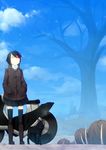  absurdres bad_id bad_pixiv_id black_hair boots breath cat city cloud coat day en@rain ground_vehicle hands_in_pockets highres jacket knee_boots motor_vehicle motorcycle one_eye_closed original red_eyes skirt sky solo thighhighs tree zettai_ryouiki 