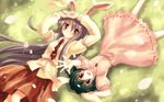  :d animal_ears arms_up barefoot black_hair blush blush_stickers brown_eyes bunny_ears carrot dress feet foreshortening hands happy highres inaba_tewi jewelry long_hair long_sleeves lying multiple_girls necktie on_back open_mouth outstretched_arm pendant petals purple_hair reisen_udongein_inaba rotational_symmetry short_hair skirt smile touhou very_long_hair wallpaper yuuki_tatsuya 