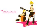  1girl bad_id bad_pixiv_id blonde_hair brother_and_sister detached_sleeves guitar instrument kagamine_len kagamine_rin kuko short_hair shorts siblings twins vocaloid 