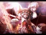  bat bat_wings blue_eyes blue_hair braid chain hat izayoi_sakuya maid_headdress moon multiple_girls non_(nobu) red_eyes remilia_scarlet silver_hair touhou twin_braids wings 