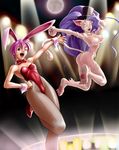  animal_ears ass big_hair blue_hair bow bowtie breasts bunny_ears bunnysuit cat_ears cat_tail closed_eyes felicia fishnet_pantyhose fishnets flat_chest fur hand_on_hip hat highleg jumping kagami_hirotaka leg_lift leotard lilith_aensland long_hair medium_breasts moon multiple_girls night one_eye_closed open_mouth pantyhose paws pink_hair red_eyes red_leotard short_hair tail top_hat vampire_(game) very_long_hair wrist_cuffs 