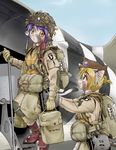  aircraft airplane animal_ears army blonde_hair boarding_aircraft boots c-47 camouflage cat_ears cat_tail copyright_request ebifly hat helmet invasion_strips long_sleeves m1_helmet military military_hat military_uniform multiple_girls parachute paratrooper purple_hair soldier tail uniform united_states us_army world_war_ii 