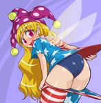  american_flag_dress american_flag_legwear ass bangs bent_over blonde_hair blue_background blush clownpiece cowboy_shot dress dress_lift embarrassed eyebrows eyebrows_visible_through_hair fairy_wings hat jester_cap long_hair looking_at_viewer neck_ruff open_mouth pantyhose pantyhose_pull pink_eyes polka_dot school_swimsuit shiny shiny_clothes shiny_hair shiny_skin short_dress short_sleeves simple_background solo star star_print striped striped_legwear swimsuit swimsuit_under_clothes touhou very_long_hair wavy_mouth wings winn 