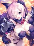  animal_costume artist_name blush breasts claws dangerous_beast elbow_gloves fang fate/grand_order fate_(series) gloves hair_over_one_eye halloween_costume kousaki_rui large_breasts looking_at_viewer mash_kyrielight navel open_mouth purple_eyes purple_hair short_hair signature smile solo 