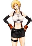  aya_brea bad_id bad_pixiv_id belt blonde_hair blue_eyes breasts cafe_au_lait_(kafeore) cosplay cowboy_shot crop_top elbow_gloves elbow_pads final_fantasy final_fantasy_vii fingerless_gloves gloves hands_on_hips head_tilt highres looking_at_viewer midriff miniskirt navel parasite_eve parted_lips short_hair simple_background skirt solo suspender_skirt suspenders tank_top thigh_strap tifa_lockhart tifa_lockhart_(cosplay) 