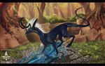  black_bars black_skin creek curved_horn day detailed_background digital_media_(artwork) dragon feral forest hair horn kitty_silence male nude outside solo standing tree white_eyes white_hair 