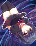  ahoge arms_behind_back asymmetrical_wings black_dress black_hair black_legwear bow bowtie ddt_(darktrident) dress dutch_angle frilled_dress frilled_sleeves frills highres houjuu_nue looking_at_viewer night red_bow red_neckwear short_sleeves sky smile solo star_(sky) starry_sky thighhighs touhou upside-down wings 