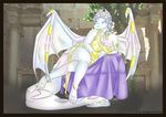  anthro big_breasts blue_eyes breasts claws clothed clothing crown dragon female hair horn invalid_color invalid_tag jewelry koshkio long_hair overweight pearlescent pillars rainbow reclining robe scales scalie sitting slightly_chubby solo stone temple the_clan toga tribal voluptuous vythica wings 