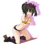  absurdres black_hair black_legwear black_panties blush breasts cellphone cellphone_camera checkered cleavage collarbone covering covering_breasts crossed_arms embarrassed geta hair_ribbon hat heart highres himekaidou_hatate holding holding_phone kneeling leaning_forward looking_at_viewer nuqura open_mouth panties phone purple_eyes purple_hat purple_ribbon ribbon short_hair short_twintails silhouette simple_background small_breasts solo teardrop tengu-geta tokin_hat topless touhou twintails underwear white_background 