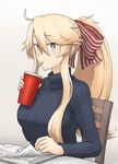  alternate_costume alternate_hairstyle animalization blonde_hair blue_eyes blue_sweater breasts casual character_request drinking drinking_straw from_side hair_between_eyes hair_ribbon hamu_koutarou hiei_(kantai_collection) highres i-58_(kantai_collection) iowa_(kantai_collection) kantai_collection kongou_(kantai_collection) kuma_(kantai_collection) large_breasts long_hair looking_at_viewer open_magazine ponytail ribbed_sweater ribbon sidelocks solo star star-shaped_pupils striped striped_ribbon sweater symbol-shaped_pupils upper_body very_long_hair 