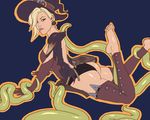  alternate_costume ass bare_back bare_shoulders barefoot biting blonde_hair blue_eyes elbow_gloves feet feet_up gloves halloween_costume hat highres kataaoyoc lip_biting mercy_(overwatch) overwatch pumpkin solo tentacles thighhighs toes witch witch_hat witch_mercy zettai_ryouiki 