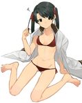  ass_visible_through_thighs barefoot bikini black_hair breasts brown_eyes cross_eyed feet hair_ribbon hair_tousle highres hita_(hitapita) jacket_on_shoulders kantai_collection legs long_hair looking_to_the_side lowleg lowleg_bikini mikuma_(kantai_collection) military military_uniform naval_uniform red_bikini ribbon side-tie_bikini simple_background sitting small_breasts solo spread_toes squiggle swimsuit toes twintails uniform wariza white_background 