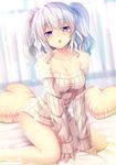  :o alternate_costume bare_shoulders blue_eyes blush breasts cleavage collarbone eyebrows eyebrows_visible_through_hair heart heart_pillow indoors izumi_akane kantai_collection kashima_(kantai_collection) kneeling long_hair long_sleeves looking_at_viewer medium_breasts off-shoulder_sweater on_bed open_mouth panties pantyshot pillow ribbed_sweater shiny shiny_skin silver_hair sleeves_past_wrists solo sweater taut_clothes underwear wavy_hair 