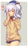  alternate_costume blue_skirt blush cardigan cowboy_shot dated hat heart kantai_collection kashima_(kantai_collection) koruta_(nekoimo) miniskirt pleated_skirt signature silver_eyes silver_hair skirt sleeves_past_wrists smile solo sweater thighs twintails wavy_hair 
