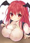  ? bat_wings blush breast_rest breasts head_wings koakuma large_breasts long_hair looking_at_viewer mirei red_hair simple_background smile solo spoken_question_mark touhou vest white_background wings 