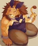  2016 anthro biceps bow bow_tie brown_hair bulge bunny_costume clothed clothing crossdressing feline fur girly hair japanese korosuke legwear lion looking_at_viewer makeup male mammal muscular muscular_male pecs scar simple_background solo tan_fur thick_thighs 