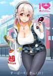  bag blush breasts character_age character_name cleavage cowboy_shot denim eggplant food headphones jeans jewelry large_breasts long_hair looking_at_viewer nitroplus older open_mouth pants pink_hair plastic_bag red_eyes ring smile solo spring_onion super_sonico tsuji_santa vegetable wedding_band 