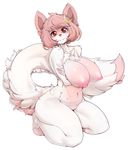  anthro big_breasts breast_rest breasts cat chest_tuft crossed_arms feline female fluffy fluffy_tail fur grin hair kneeling long_tail looking_at_viewer mammal nipples nude pink_fur red_eyes short_hair slugbox solo tuft white_fur 