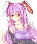  animal_ears artist_name bare_shoulders black_jacket breast_hold breasts bunny_ears cleavage collarbone embarrassed eyebrows eyebrows_visible_through_hair flying_sweatdrops head_tilt highres hood hoodie hoodie_removed jacket large_breasts long_hair looking_at_viewer off_shoulder open_clothes open_jacket purple_hair red_eyes reisen_udongein_inaba rono simple_background solo tank_top touhou upper_body white_background 