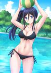  alternate_hairstyle armpits arms_up ball beachball bikini black_bikini black_bow black_hair blue_eyes blue_sky blurry bow breasts cleavage closed_mouth cloud collarbone contrapposto cowboy_shot day depth_of_field eyebrows eyebrows_visible_through_hair hair_between_eyes hair_up hibike!_euphonium highres holding holding_ball kazenokaze long_hair looking_at_viewer medium_breasts navel no_eyewear outdoors reflection side-tie_bikini side_ponytail sky smile solo standing swimsuit tanaka_asuka tree wading water wet 